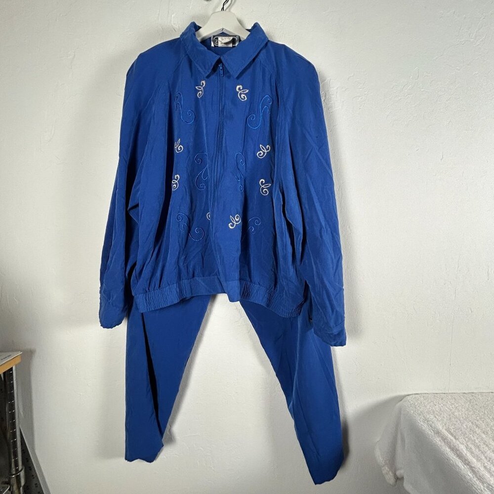 Vintage Saint Germain Paris Women Blue Embroidered Jacket Pants Two-Piece Set XL